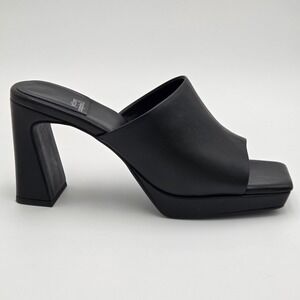 Jeffrey Campbell Women 9 Caviar Black Leather Square Toe Block Heel Mules